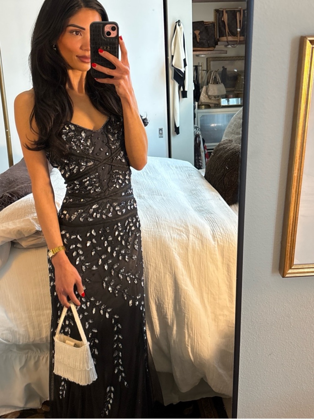 Vintage Midnight Blue, Black, and Silver Beaded Mesh Gown
